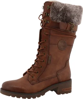 A single brown boot with fur trim and laces is shown against a white background.