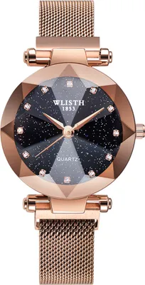 A close-up, studio shot of a women's rose gold watch with a black, starry dial.