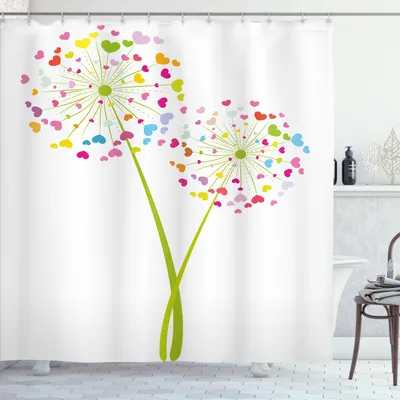 Obrázok produktu pre ABAKUHAUS Kvetinová sprchová záclona, jarný púpava s srdcom v tvare farebných okvetných lístkov, romantický valentínsky dizajn, 175 x 200 cm, viacfarebná