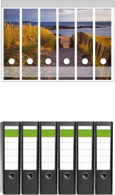 Produktbild von Wallario 6 Stück breite Ordner inkl. Klebeetiketten mit Motive Weg durch die Dünen zum Meer an der Küste -  Set mit Rückenschildern / Ordnerrücken Stickern