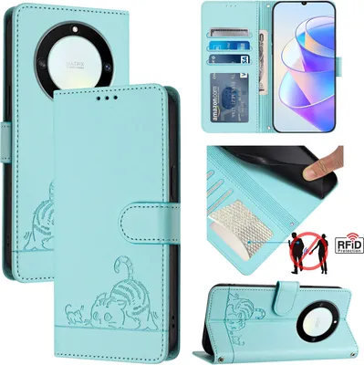 Produktbild von Leder Hülle für Honor X9A / Magic5 Lite Süße Katze Flip Case Brieftasche Schutzhülle mit Standfunktion hellgrün