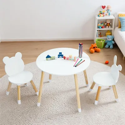 Produktbild von FCH Kindertisch mit 2 Stühlen, Kindersitzgruppe, Sitzgruppe für Kinder, mit Kiefer Beine Kindermöbel für Kinderzimmer Kindergärten,60×60×49cm, Weiß