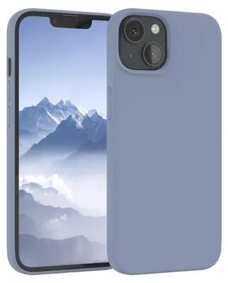 A blue silicone phone case is shown on a white background, with a smartphone inside it displaying a mountain landscape.