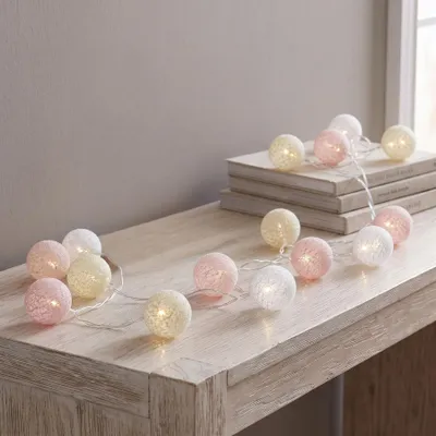 Produktbild von LED Lichterkette Baumwolle Balls Beige Rosa Weiss Babyzimmer Kinderzimmer Deko
