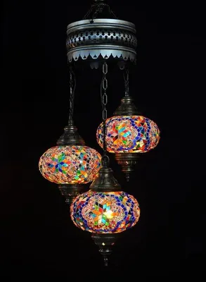 Immagine prodotto di Lampada a sospensione in vetro mosaico multicolore - Lampada a sospensione turca - Lampadario orientale a 3 sfere