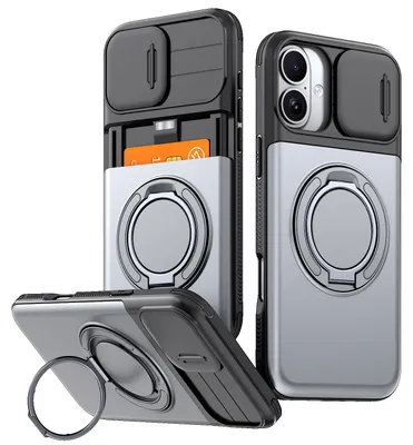 Produktbild von Handyhülle mit Kartenfach für iPhone 16 Plus, Schiebe Kameraschutz, Ringhalter Ständer, Stoßfeste Schutzhülle Grau