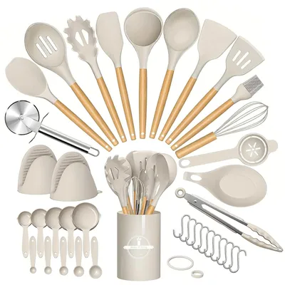 Produktbild von Kochgeschirr-Set, 37-teiliges Küchenhelfer-Set mit Halterung, Antihaft-Silikon, Holzgriffe (Beige)
