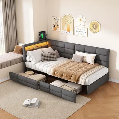 Immagine prodotto di Divano letto 90x200 cm a forma di L, con 2 cassetti, illuminazione LED e porte USB/Tipo-C, colore grigio