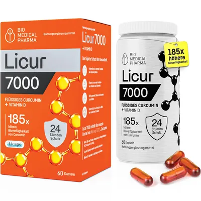 Produktbild von Kurkuma Kapseln Hochdosiert – 185x Höhere Bioverfügbarkeit – Mizellares Curcumin NovaSOL – Ohne Piperin – Mit Vitamin D3 – Licur 7000 (60 Kapseln)