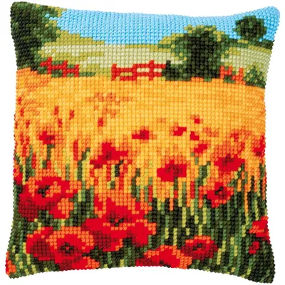 Image de Kit de point de croix Vervaco coussin "Mohnblumen Landschaft", 40x40cm