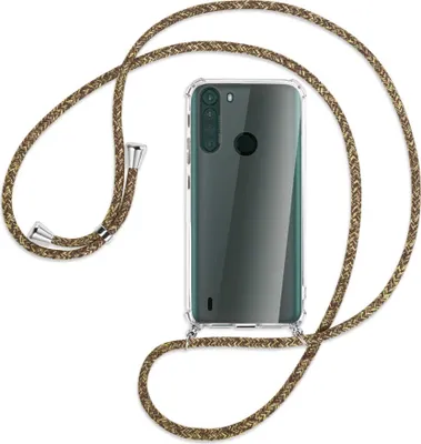 Produktbild von Handykette Backcover-Schutzhülle mit Band (Metall silberfarben) für Motorola One Fusion - braun+beige