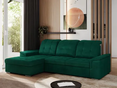 Produktbild von MKS MEBLE Sofa mit Schlaffunktion - Ecksofa mit Schlaffunktion und Bettkasten - Sofa 3 Sitzer - Schlafsofa - Couch - Schlafsofa mit Bettkasten - Madrito L - Dunkelgrün Velvet - Links Seite