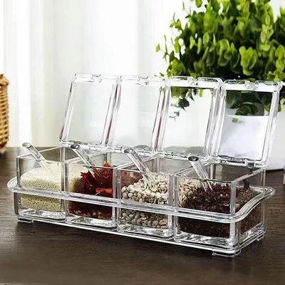 Obrázek produktu pro Sada průhledných nádobek na bylinky s lžičkami a servírovacím podnosem – 4 přihrádky