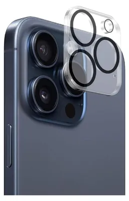 A close-up of a smartphone camera lens protector being placed onto a smartphone.