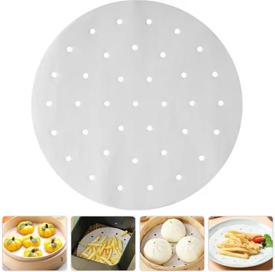 Produktbild von 100 Stück, 22 cm, runder, Backpapier, antihaftbeschichtet, für Airfryer, perforiert, Rauchpapier