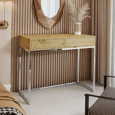 Produktbild von AX LIVING Moderner Schminktisch Lortie 80 cm Wotan Eiche Chrom-Gestell
