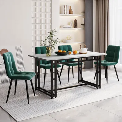 Immagine prodotto di Set da pranzo MODFU, composto da tavolo da 140x80 cm e 5 sedie. Ideale per la cucina o la sala da pranzo. Tavolo e sedie in velluto, disponibili nei colori verde e nero
