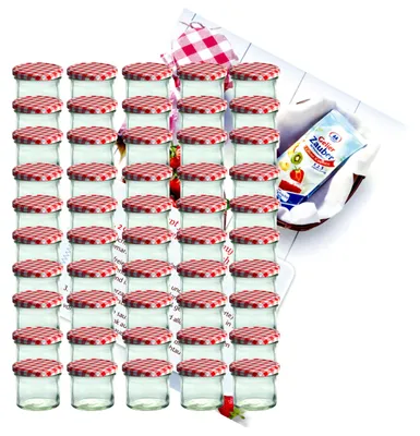 Zdjęcie produktu dla zestaw 50 kubków na dżem 125 ml, słoik na przetwory To 66 z pokrywką w czerwoną kratkę i książeczką z przepisami