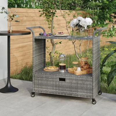 Image de The Living Store Chariot de bar avec tiroir Gris 100x45x97 cm Poly rotin