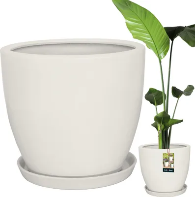 Produktbild von KOTARBAU® Pflanzentopf mit Untersetzer Weiß ⌀ 38 cm Höhe: 33 cm Glasierte Keramik Blumentopf Keramik groß Plant Pot Kaktus Topf mit Untersetzer Übertopf mit Untersetzer Blumentöpfe Keramik