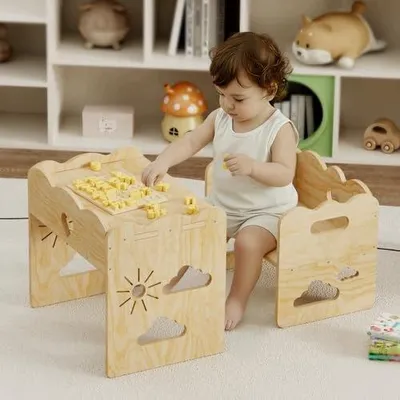 Zdjęcie produktu dla Stolik montessori dla dzieci drewniany z krzesłami do nauki