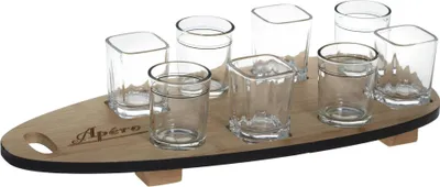 Produktbild von Servier-Set, 8 Gläser mit Holztablett