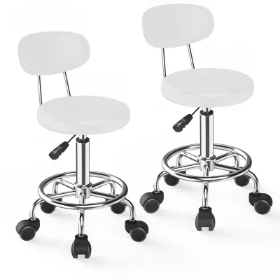 Produktbild von 2-er Set Drehhocker Mit Rückenlehne Rollhocker höhenverstellbar Kosmetikhocker Rollen Arbeitshocker Drehstuhl Praxishocker Weiß