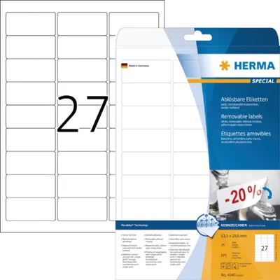 Obrázok produktu pre HERMA 4347, Biela, Samolepiaci štítok, A4, Papája, Laserový, Odnímateľné