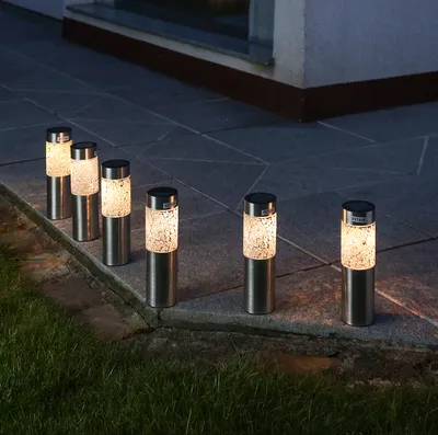 Produktbild von LED Solar Wegleuchten Mosaik - warmweiße LED - Edelstahl - Erdspieß - H: 22cm - silber - 6er Set