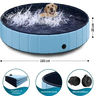 Produktbild von TOSANEO Hundepool Ø 160cm x H 30cm Swimmingpool Pool Plantschbecken Badewanne Hundebadewanne Schwimmbecken für Hunde Katzen Platzsparend Faltbar Blau
