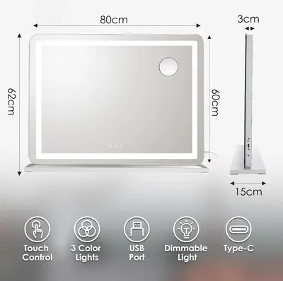 Produktbild von Schminkspiegel - Hollywood-Spiegel mit Beleuchtung - 80 x 60 cm - 3 Farbtemperaturen - USB & USB-C - 10x Vergrößerungsspiegel - Rahmen aus Edelstahl - Weiß