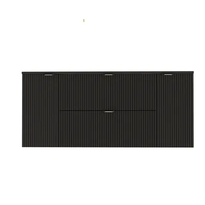 A dark, modern vanity cabinet with fluted fronts and metal handles, presented against a plain white background.
