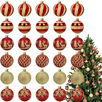 Produktbild von Weihnachtsbaumkugeln Set 30 Weihnachtsdeko Unzerbrechlich Rot Gold 6 cm