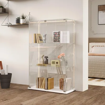 Image de Vitrine D'exposition En Verre Avec LED, 3 Étagères, 2 Portes, Colonne, 35 X 78,5 X 123,3 Cm, Blanch