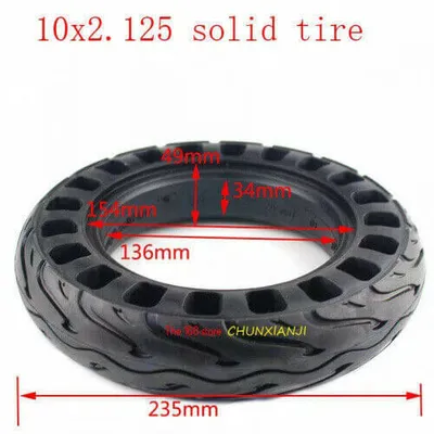 A black solid tire with measurements shown, set against a white background.