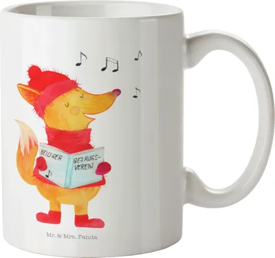 Produktbild von Mr. & Mrs. Panda Tasse Fuchs Sänger - Weiß - Geschenk, Becher, Weihnachten, Heiligabend, Weihnachtslieder, Füchse, Pott, Winter, Kaffeebecher, Teetasse, Trinkbecher