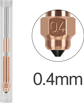 Obrázek produktu pro příslušenství k 3D tiskárně, měděná tryska o tloušťce 0,4 mm z tvrzené oceli, kompatibilní s Creality K1C/K1 Max/Ender 3 V3. Integrovaná bimetalová tryska 3D tiskárny s hrdlem ze slitiny titanu pro tisk s vysokým průtokem