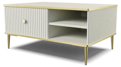 Zdjęcie produktu dla Stolik kawowy PETRA 90x60 cm KASCHMIR BEIGE ze złotymi metalowymi nóżkami Stolik kawowy Stolik do salonu, nowoczesny styl, z ukrytym schowkiem, z szufladą, półkami