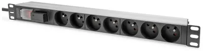 Produktbild von Digitus Steckdosenleiste mit Aluminiumprofil, Überspannungsschutz und Schalter, 7-fach CEE 7/5 Steckdosen, 2 m Zuleitung, Geändert, 1U, Rackmount, Horizontal, Aluminium, Kunststoff, 7 AC-Ausgänge