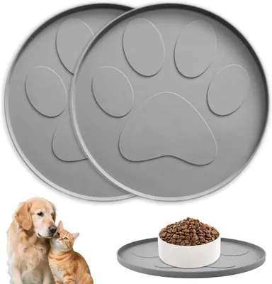 Produktbild von 2 Runde Silikon Fressmatten, Antirutsch Unterlage, für Hunde und Katzen, Leicht zu Reinigen, Grau