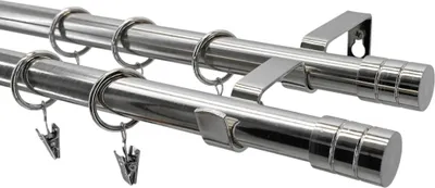 Produktbild von LOFT Doppelte Gardinenstange 19 mm 280 cm Silber Nickel Industrial Stil Vorhangstange 2-läufig Komplettset mit Halterungen Ringen & Montagematerial