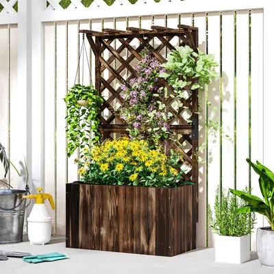 Produktbild von Hochbeet mit Rankgitter, Blumenkasten Spalier Kletterpflanzen, Blumenständer Holz, Verkohlt | 64 x 33 x 122 cm | Tannenholz | Drainagesystem