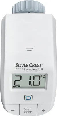 A white smart home thermostat is shown against a white background.