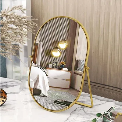 Image de Miroir de maquillage Numjeg, miroir ovale, orientable à 90°, finition dorée