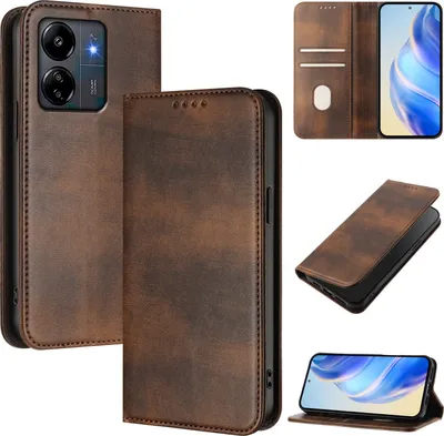 Produktbild von Handyhülle für Xiaomi Redmi 13C/Poco C65/Poco M6 5G, Vintage Leder RFID Schutz Kartenfach Standfunktion Magnetische Klapphülle Braun
