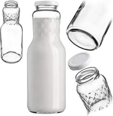 Produktbild von KADAX Milchflaschen 1L mit Schraubverschluss, leere Flaschen mit großer Öffnung zum Befüllen von Milch, Glasflaschen mit Deckel, Weithalsflasche aus Glas