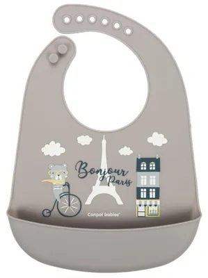 Productafbeelding van Canpol Babies siliconen slabber met opvangzak, Bonjour Paris, beige, 1 stuk