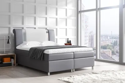 Produktbild von Boxspringbett MERINOS , Pocket Matraze Topper , 180 x 200 cm , ( Grau - Weiss Kunstleder )