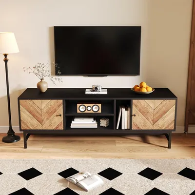 Produktbild von TV-Schrank 150 cm, Modernes Lowboard mit Stauraum, Schwarz-Holz Design für Wohnzimmer, Schlafzimmer & Büro