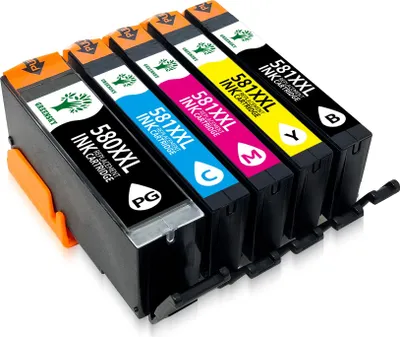 A set of five ink cartridges for a printer, arranged in a row.